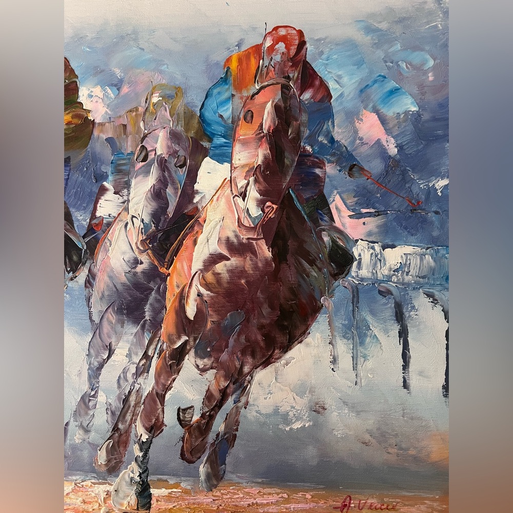 ANTHONY VECCHIO HORSE RACING OIL ON CANVAS - Picture 6 of 8